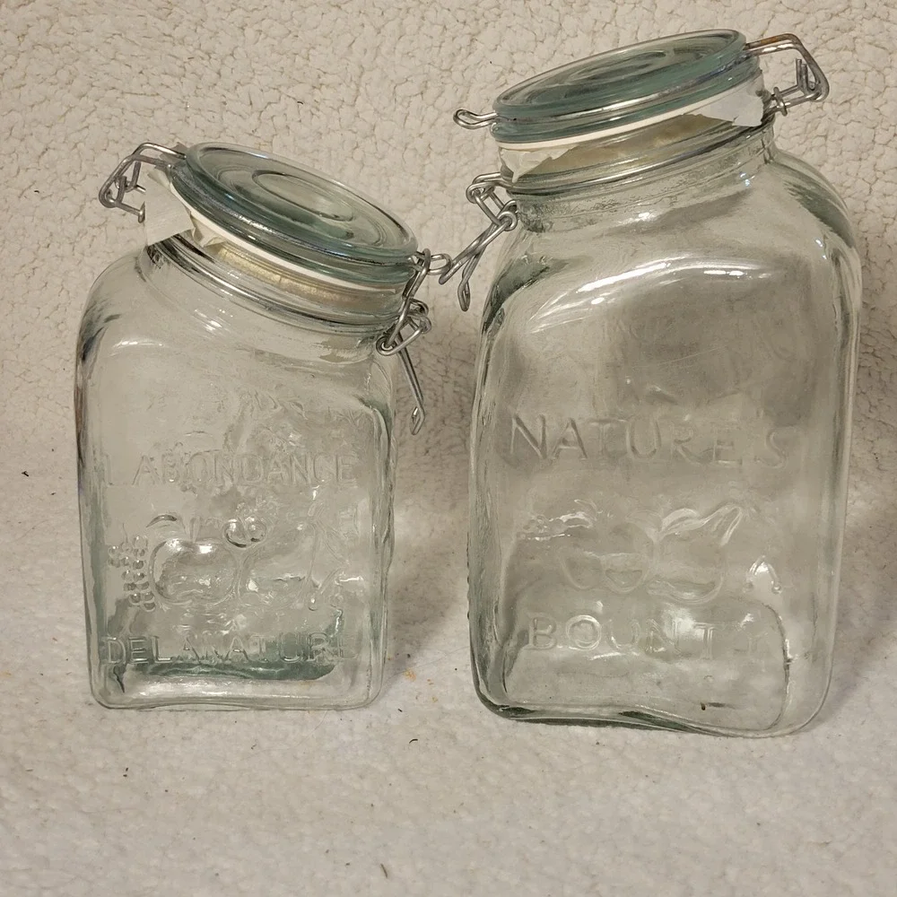 Nature's Bounty Glass Canister Jar Set Fruit Embossed Wire Bail Lids‎ Vintage